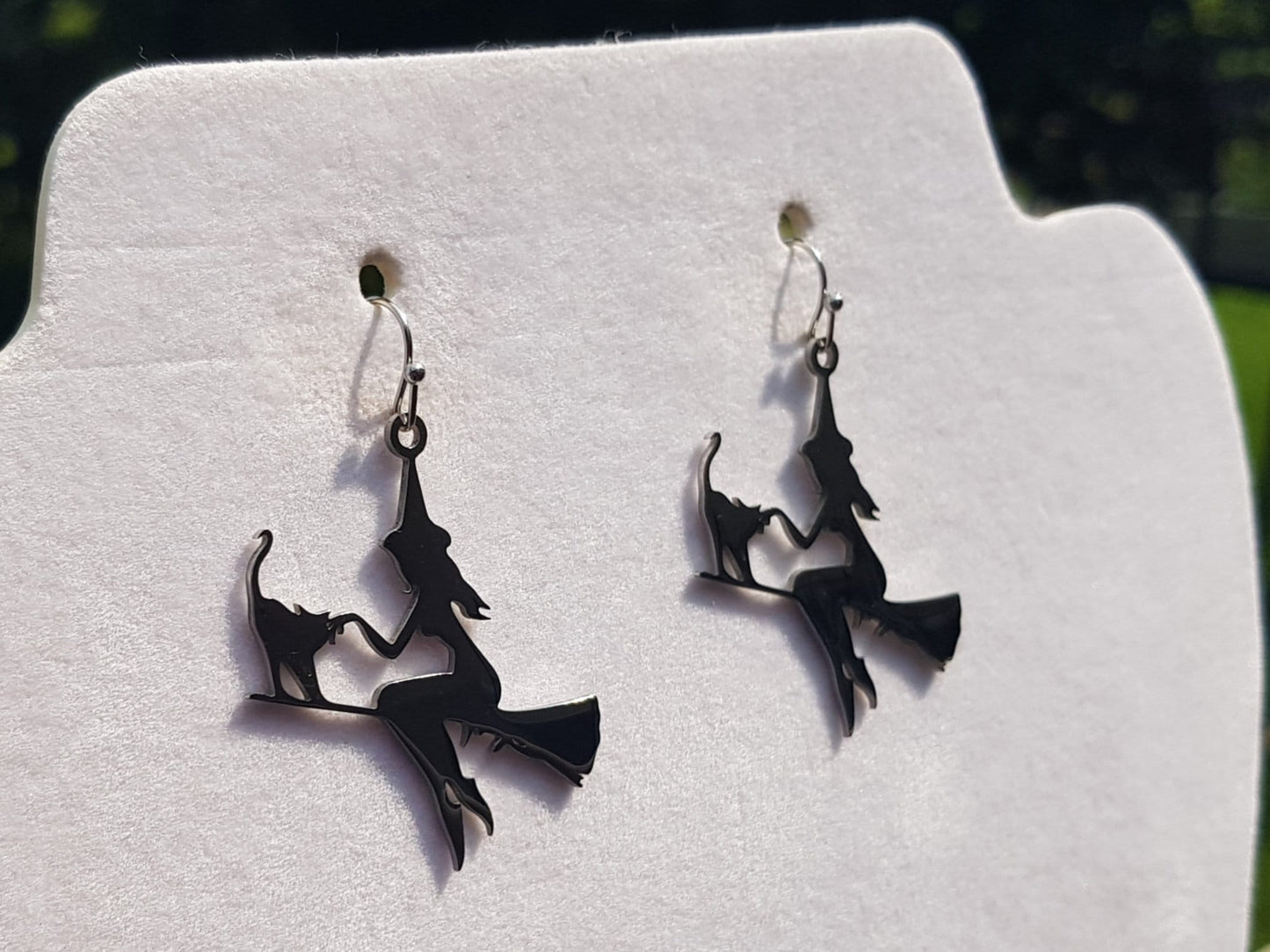 Silver Witch and Cat Earrings - Hypoallergenic Witch on Broom Earrings - Big Statement Earrings