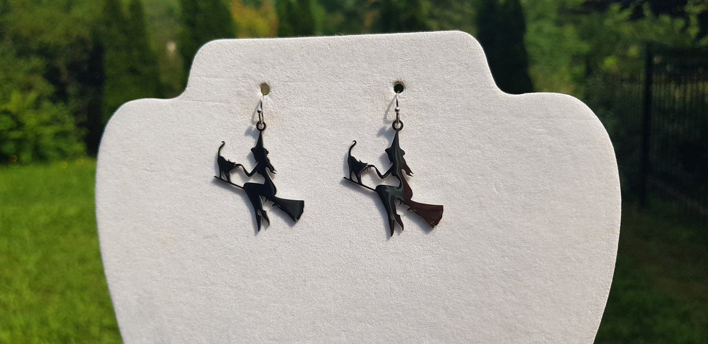 Silver Witch and Cat Earrings - Hypoallergenic Witch on Broom Earrings - Big Statement Earrings