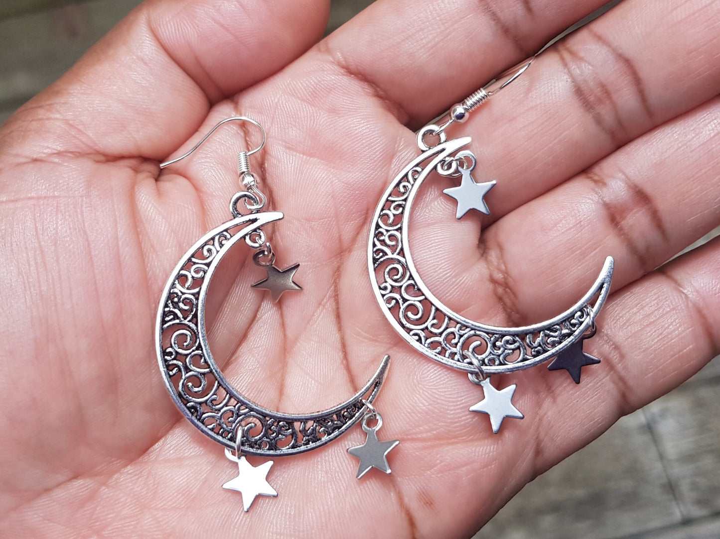 Handmade Filigree Crescent Moon and Star Earrings - Astronomy Gift - Hypoallergenic Easter Gift