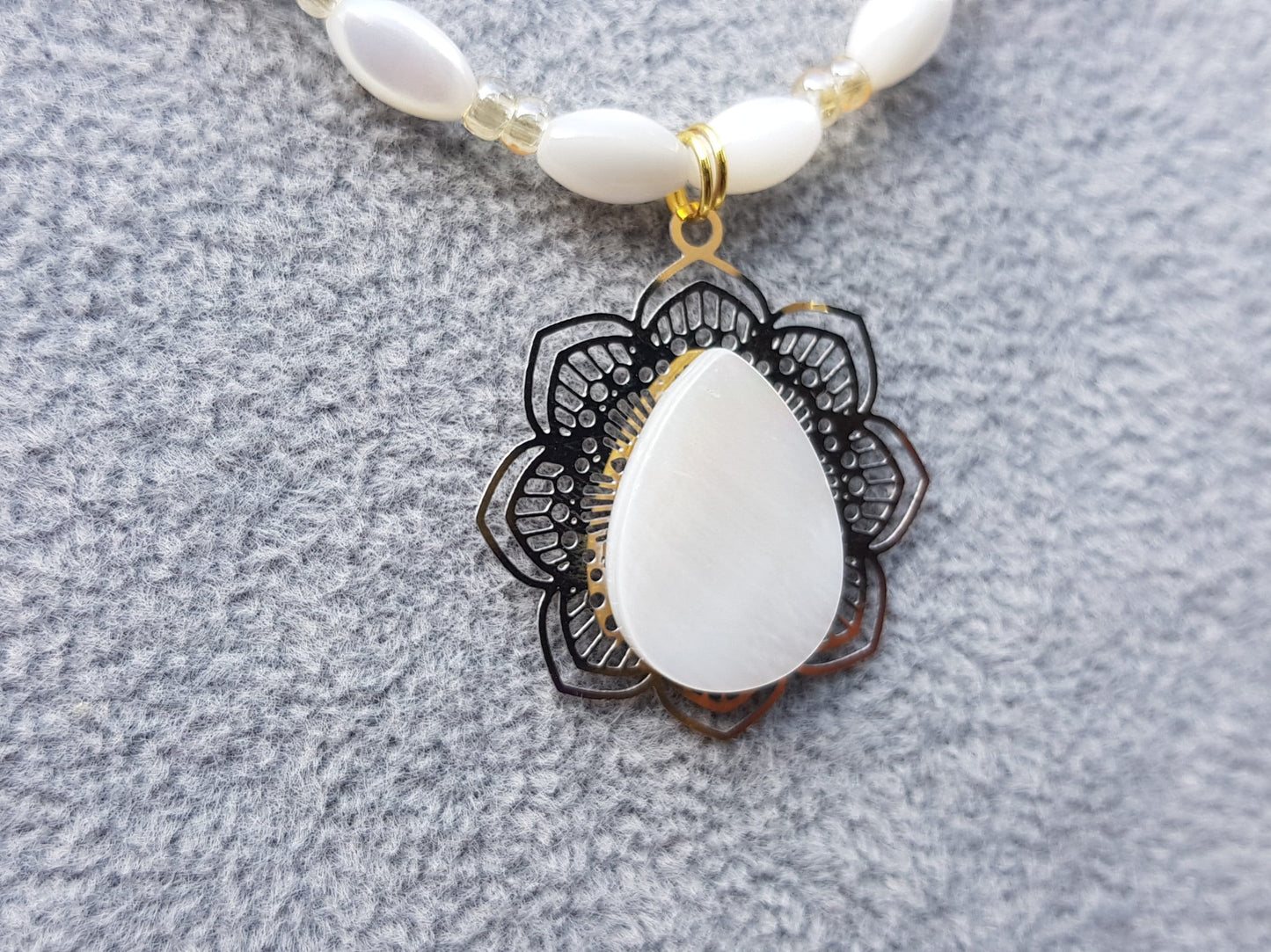 Handmade Mother of Pearl Gemstone Necklace - Teardrop Pendant