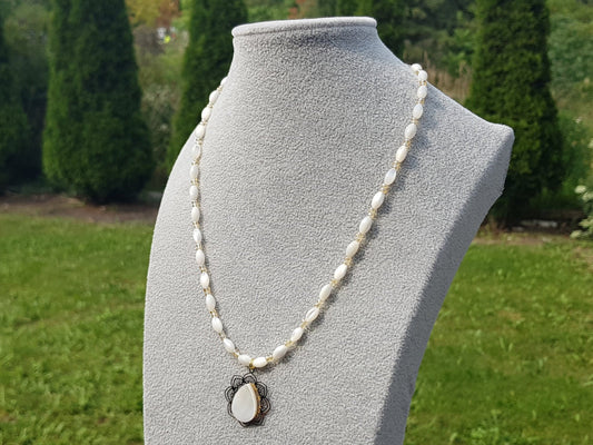 Handmade Mother of Pearl Gemstone Necklace - Teardrop Pendant