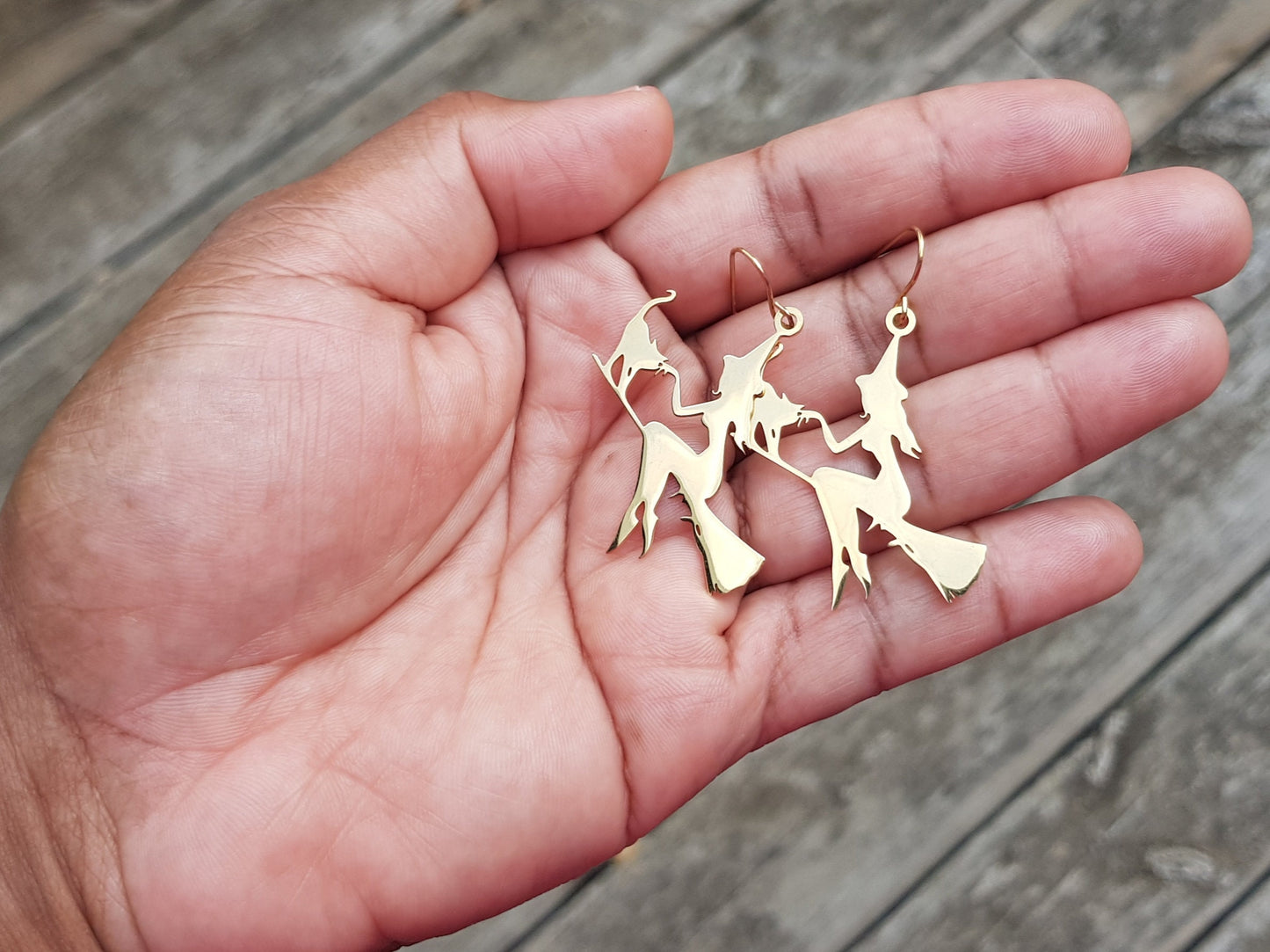 Gold Witch with Cat Earrings - Hypoallergenic Handmade Halloween Jewelry - Witch on Broom Statement Earrings