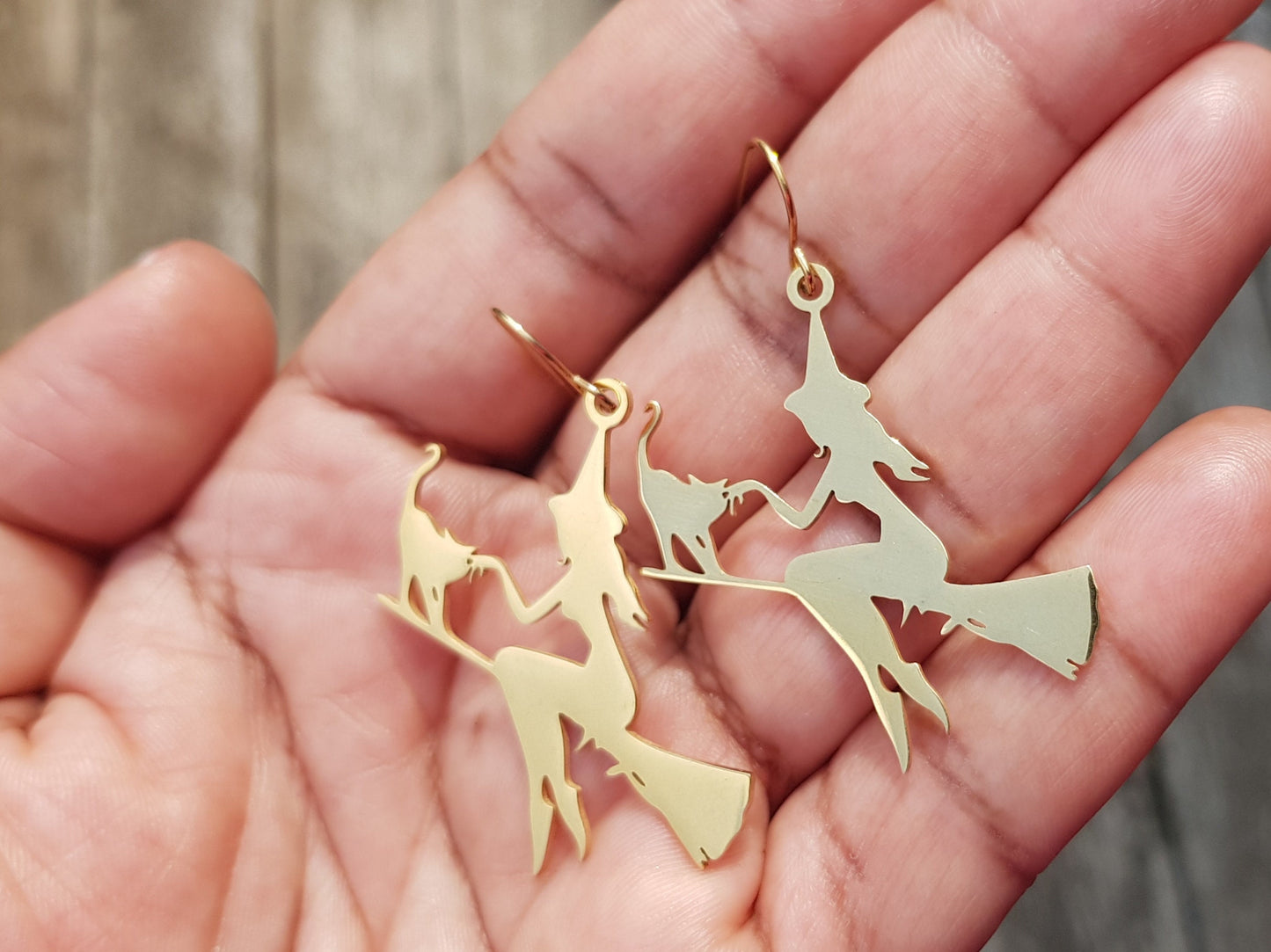 Gold Witch with Cat Earrings - Hypoallergenic Handmade Halloween Jewelry - Witch on Broom Statement Earrings