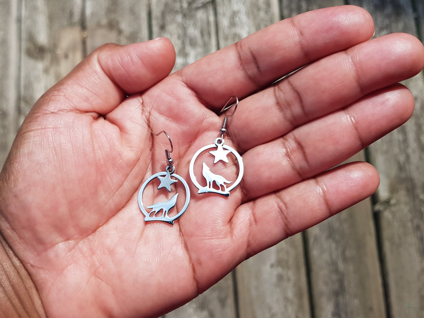 Handmade Howling Wolf Earrings - Hypoallergenic Celestial Moon and Star Earrings - Wolf Gifts