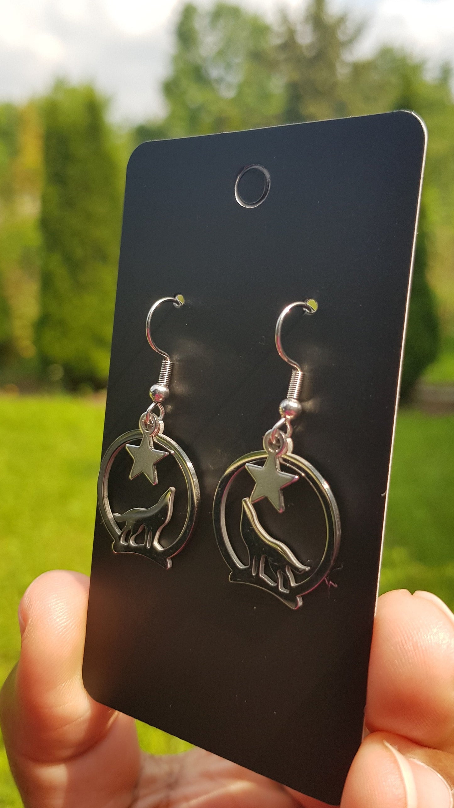 Handmade Howling Wolf Earrings - Hypoallergenic Celestial Moon and Star Earrings - Wolf Gifts