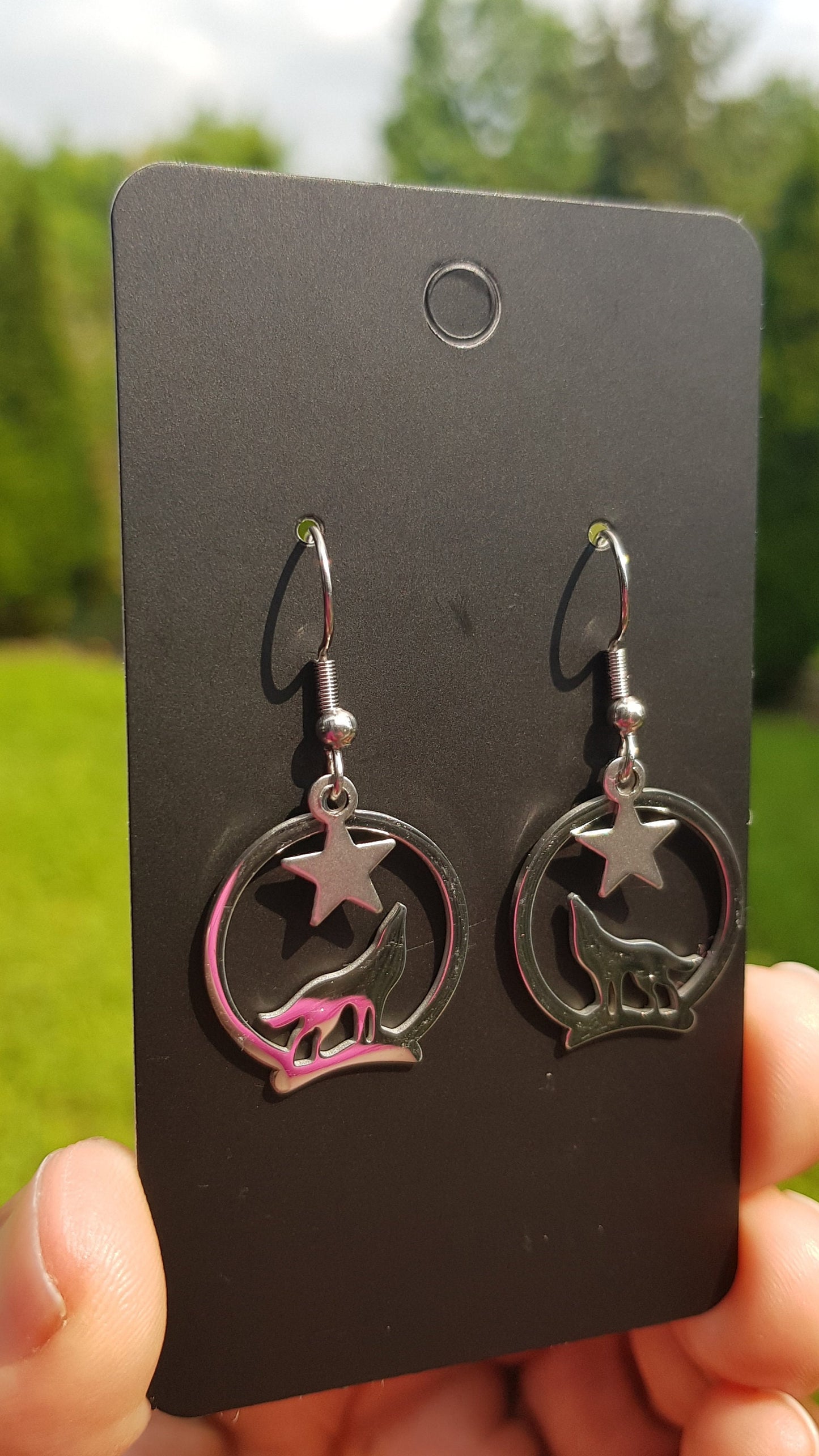 Handmade Howling Wolf Earrings - Hypoallergenic Celestial Moon and Star Earrings - Wolf Gifts