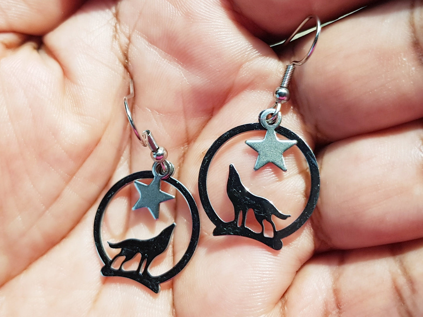 Handmade Howling Wolf Earrings - Hypoallergenic Celestial Moon and Star Earrings - Wolf Gifts