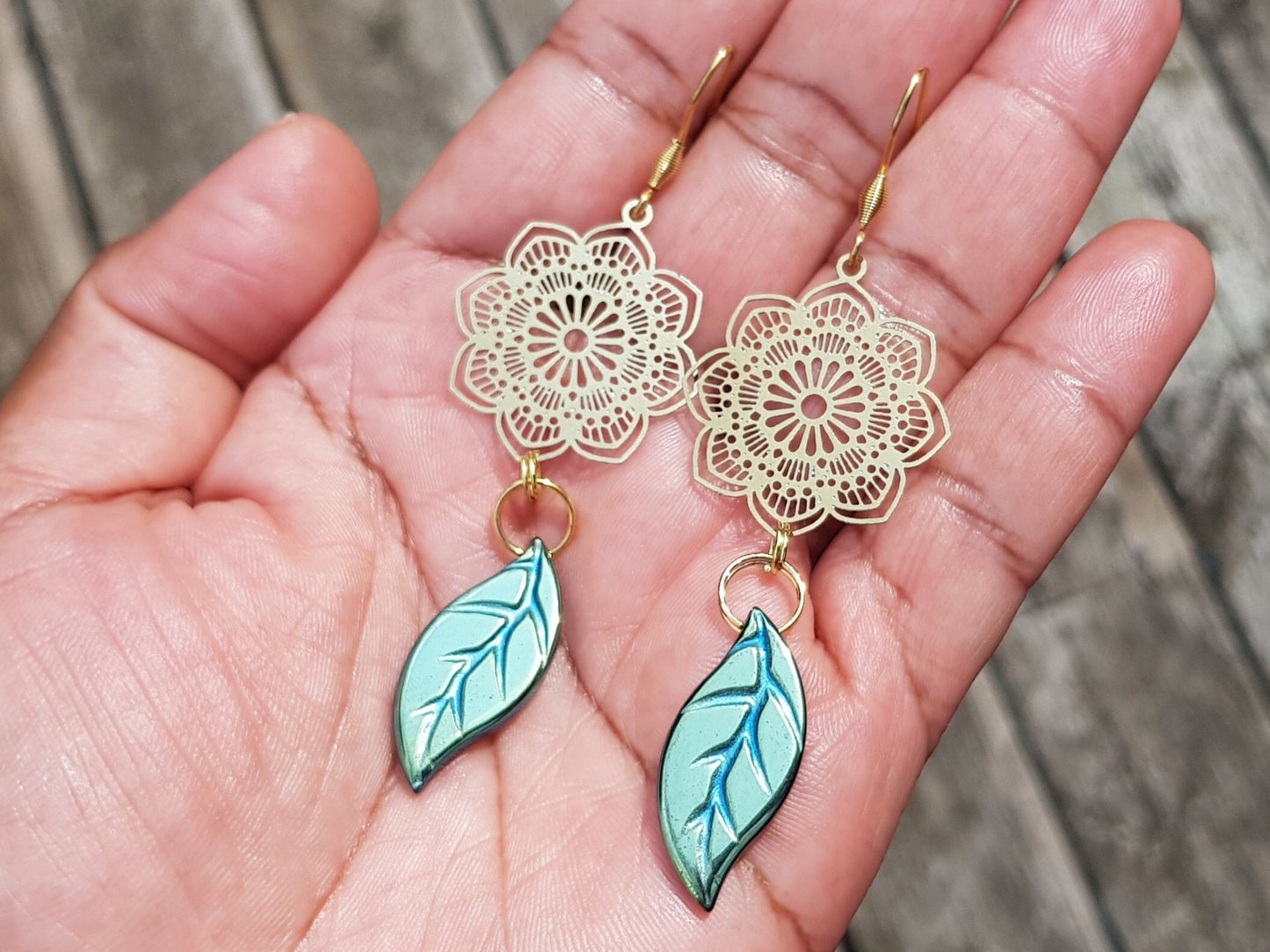 Handmade Gold and Green Gemstone Leaf Earrings - Hypoallergenic Golden Sunflower Earring - Birthday Anniversary Gift