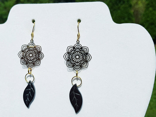 Handmade Black and Gold Gemstone Leaf Earrings - Hypoallergenic Sunflower Bridal Earrings - Wedding Jewelry