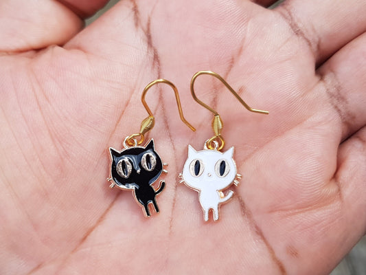 Mismatched Cat Earrings - Hypoallergenic Black and White Kitty Earrings - Halloween Cat Gifts