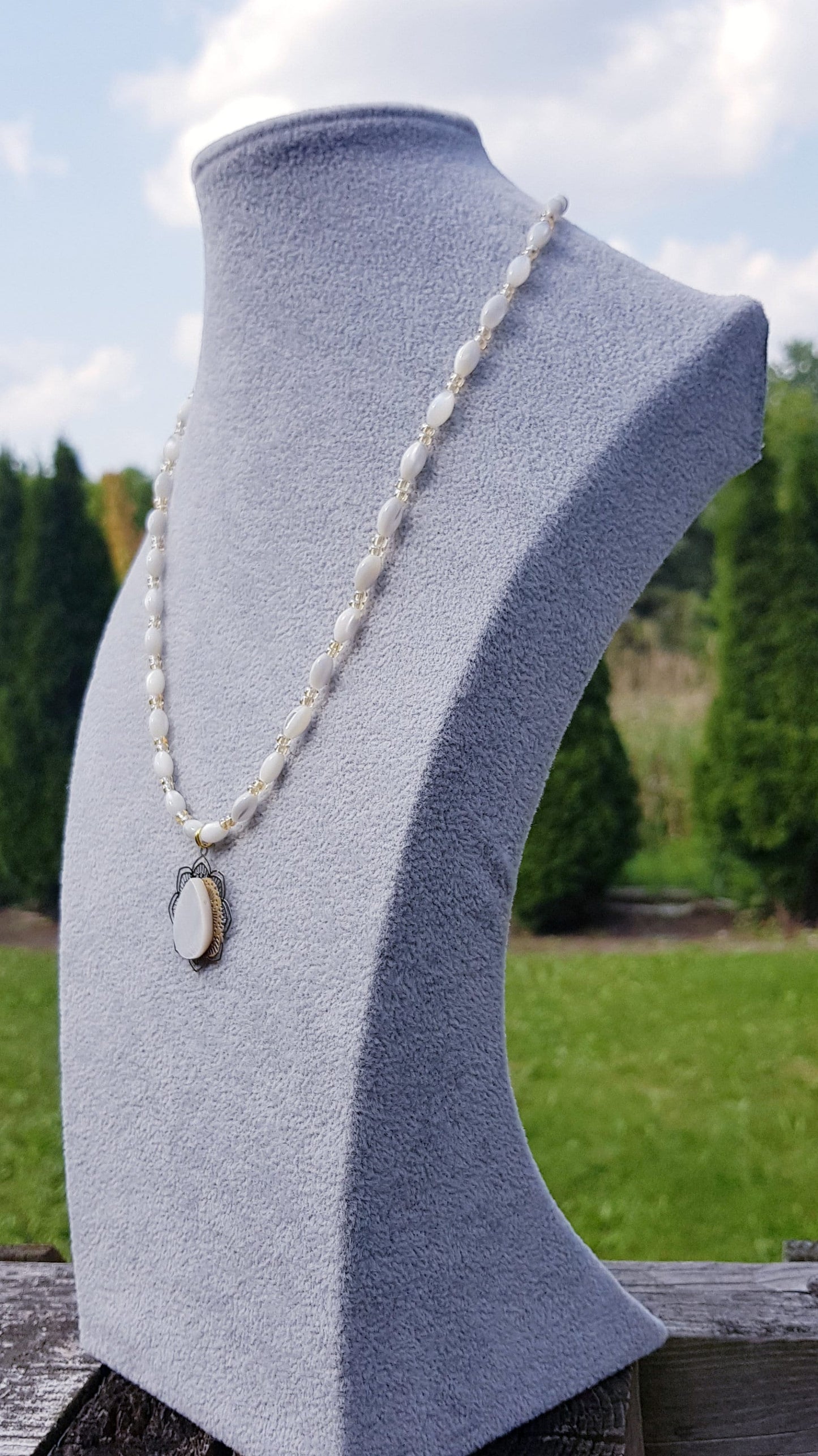 Handmade Mother of Pearl Gemstone Necklace - Teardrop Pendant