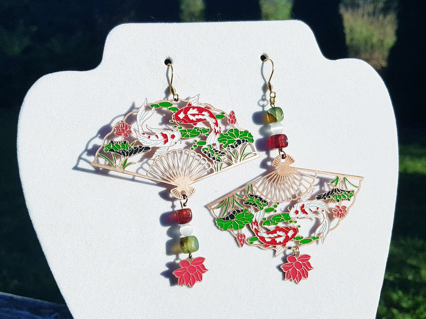 Ying and Yang Gemstone Koi Earrings - Hypoallergenic Handmade Gift -  Big Statement Mismatched Koi Fish Earrings