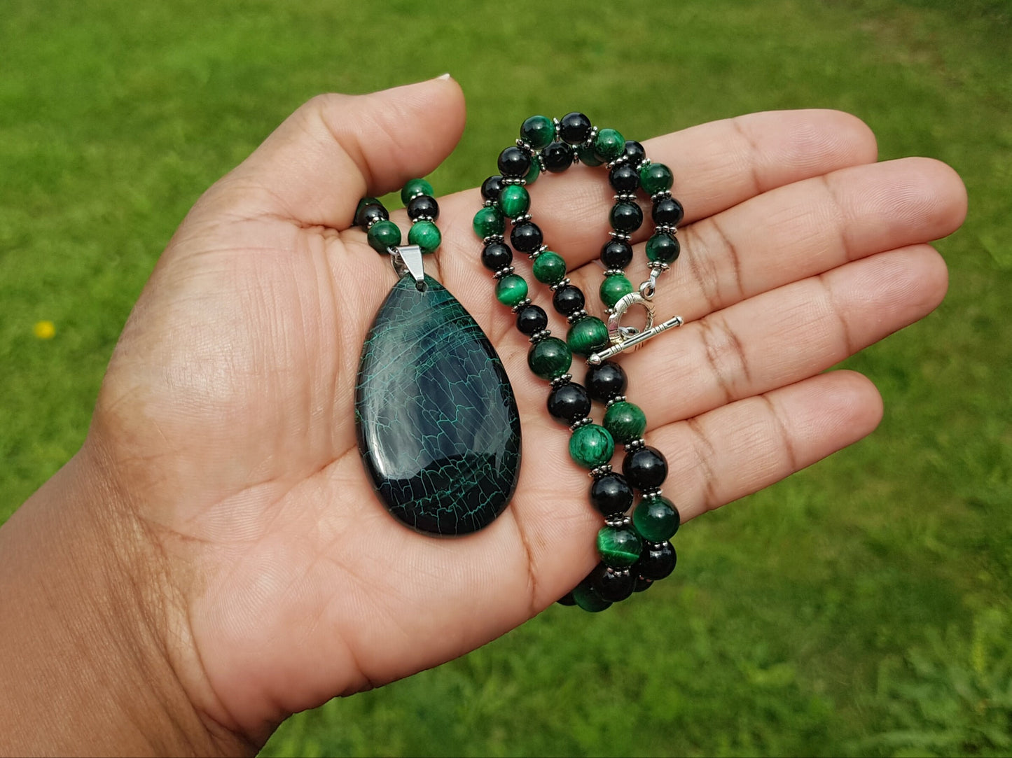 Green Tiger Eye and Black Agate Gemstone Necklace - Handmade Jewelry