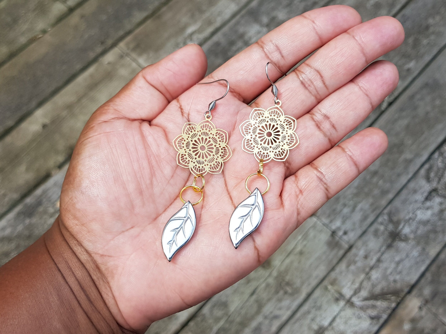 Handmade Gemstone Leaf Earrings - Hypoallergenic Silver and Gold Sunflower Earrings - Bridal Earrings - Wedding Jewelry