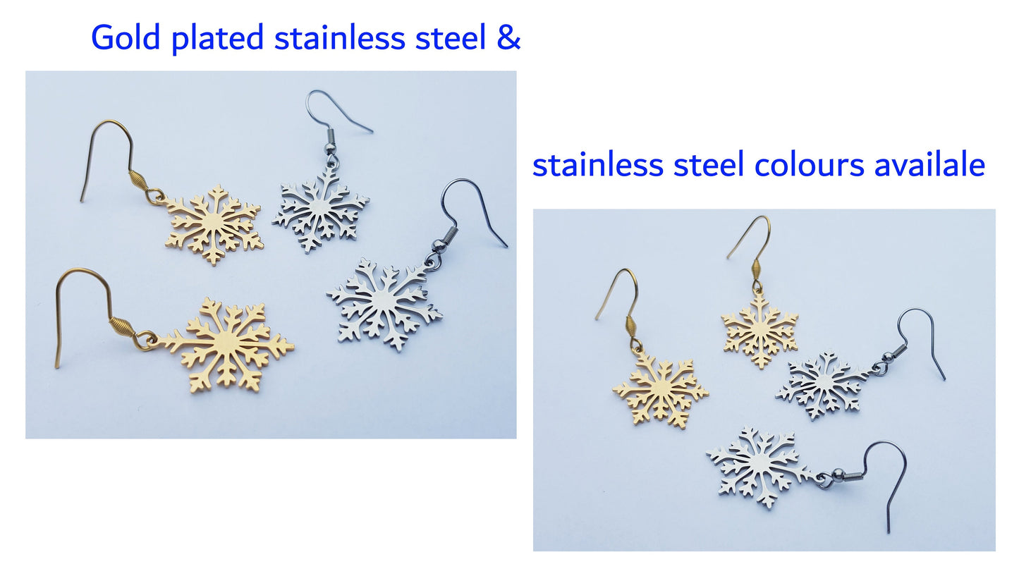 Gold Snowflake Earrings - Plated Stainless Steel Earrings - Hypoallergenic Handmade Jewelry - Festive Holiday Gifts - Christmas Earrings