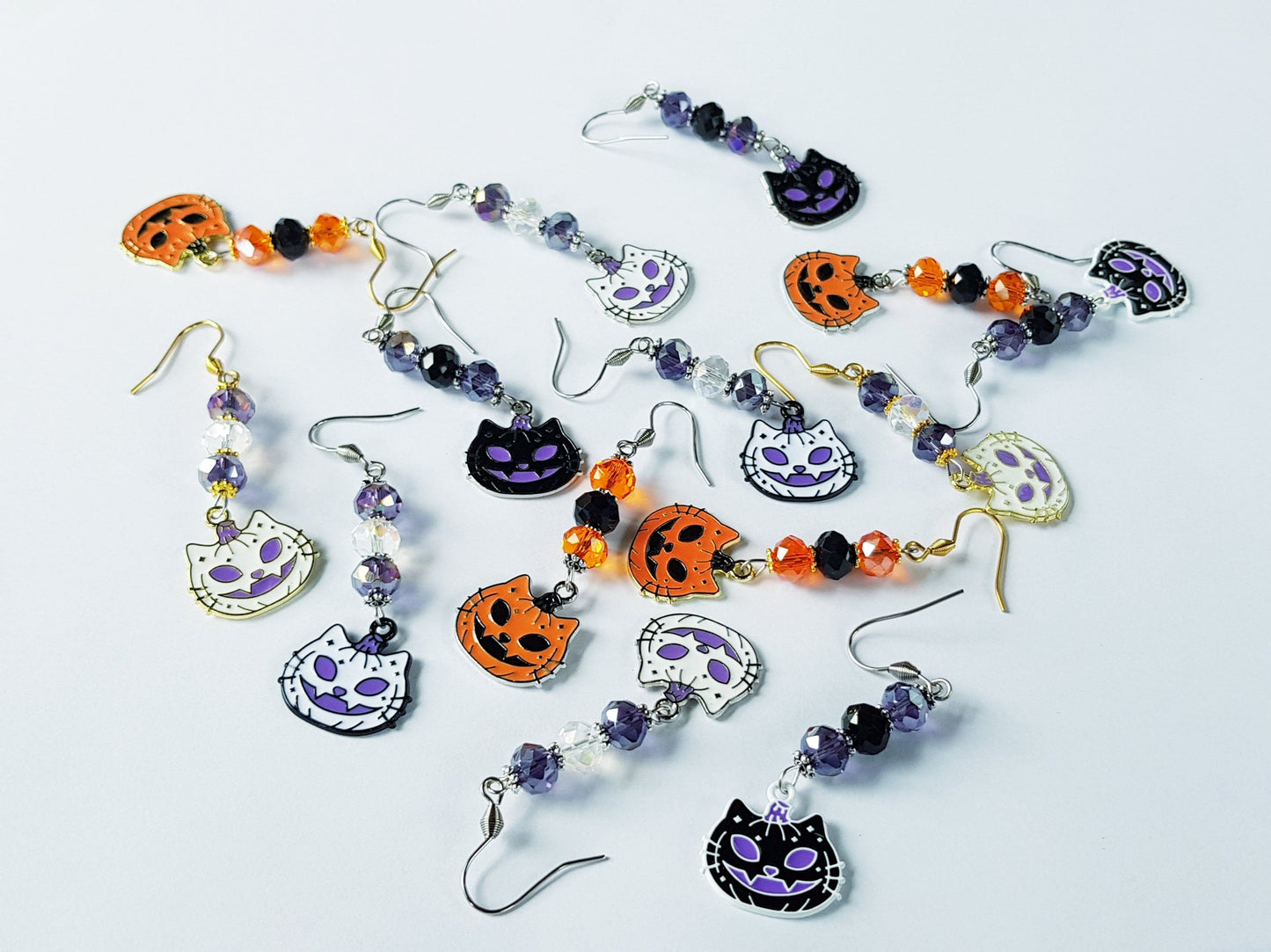 Handmade White Cat Pumpkin Earrings - Hypoallergenic Jack O' Lantern Earrings - Gothic Halloween Earrings