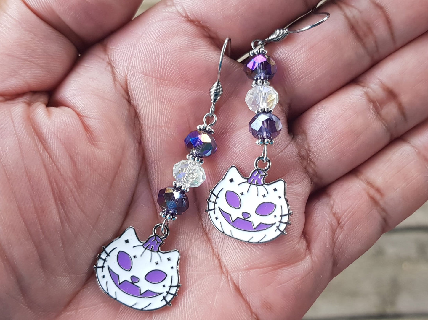 Handmade White Cat Pumpkin Earrings - Hypoallergenic Jack O' Lantern Earrings - Gothic Halloween Earrings