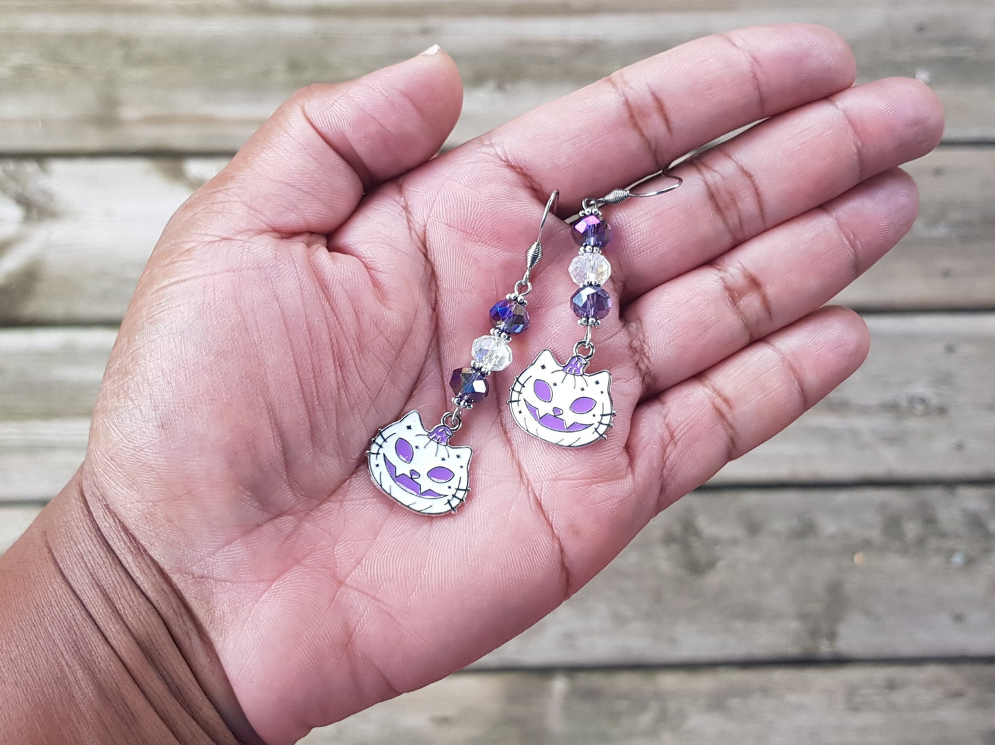 Handmade White Cat Pumpkin Earrings - Hypoallergenic Jack O' Lantern Earrings - Gothic Halloween Earrings