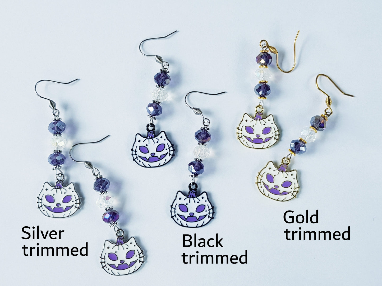 Handmade White Cat Pumpkin Earrings - Hypoallergenic Jack O' Lantern Earrings - Gothic Halloween Earrings