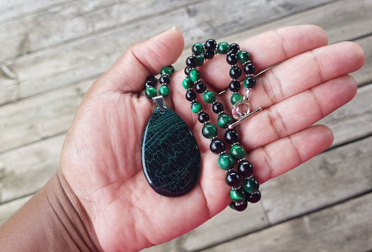 Green Tiger Eye and Black Agate Gemstone Necklace - Handmade Jewelry