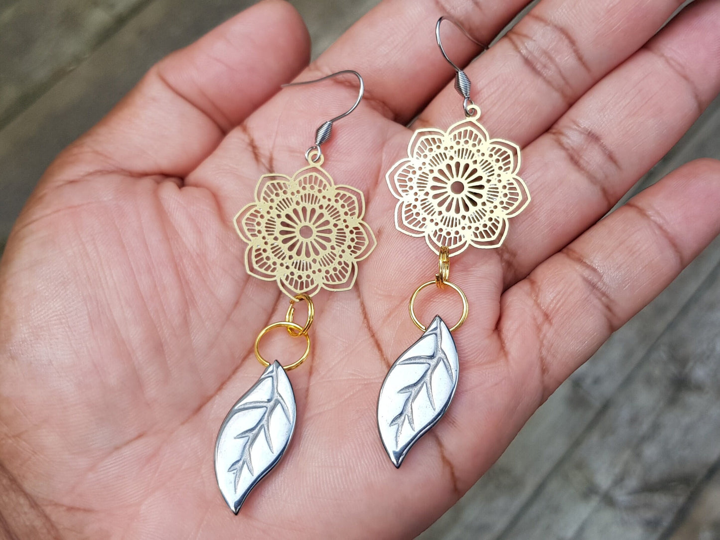 Handmade Gemstone Leaf Earrings - Hypoallergenic Silver and Gold Sunflower Earrings - Bridal Earrings - Wedding Jewelry