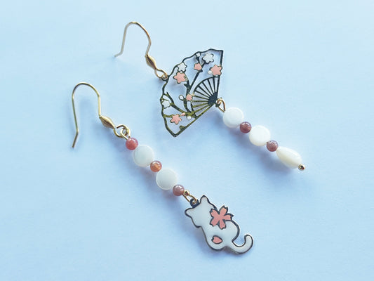 Mismatched Gemstone Cat Earrings - Hypoallergenic Cherry Blossom Japanese Fan Earrings - Cat Gifts