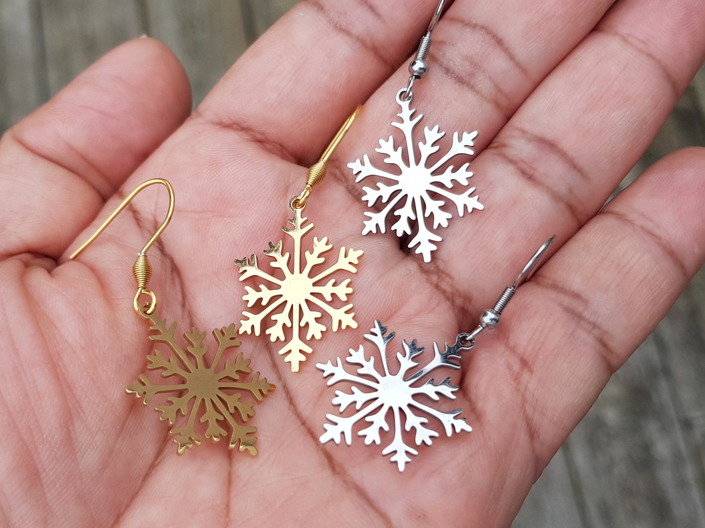 Gold Snowflake Earrings - Plated Stainless Steel Earrings - Hypoallergenic Handmade Jewelry - Festive Holiday Gifts - Christmas Earrings