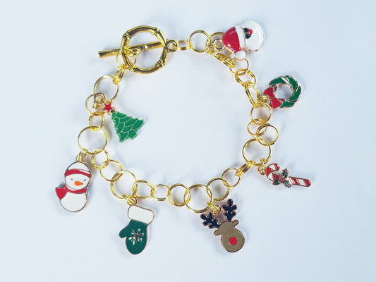 Handmade Christmas Charm Bracelet -  Festive Holiday Gift - Santa Snowman Rudolph Christmas Tree Charms