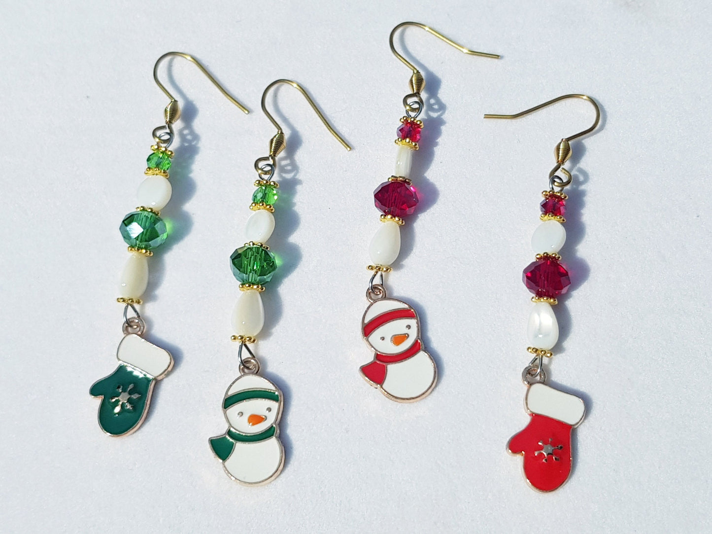 Mismatched Snowman and Winter Mitten Earrings - Hypoallergenic Handmade Gemstone Earrings