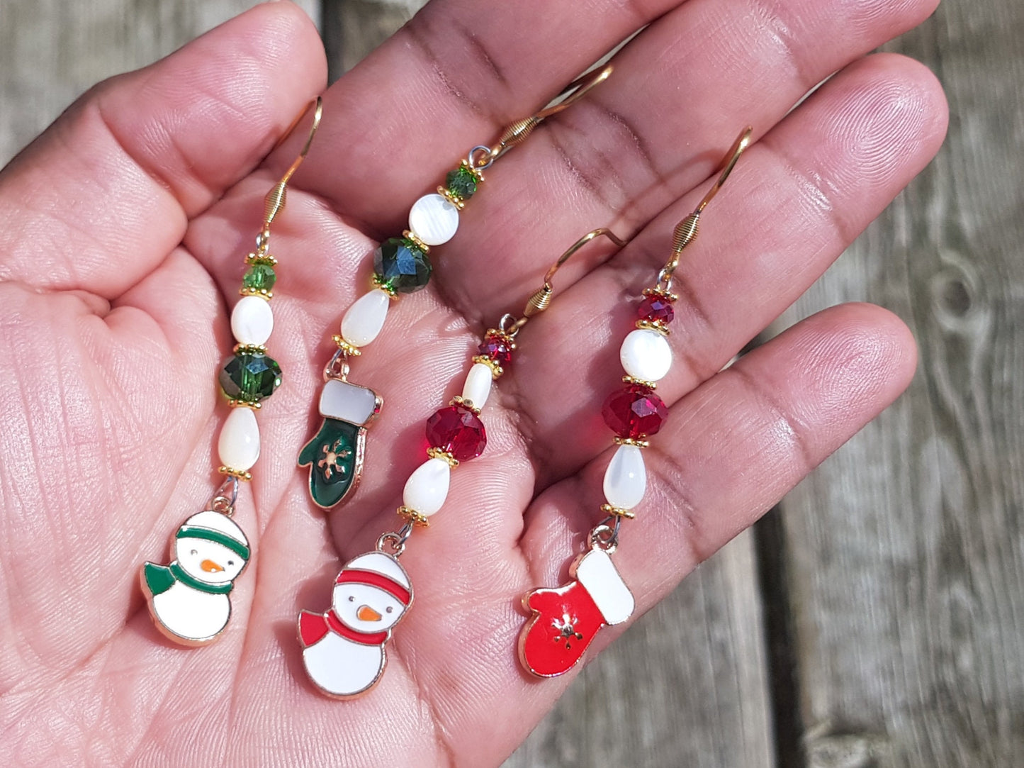 Mismatched Snowman and Winter Mitten Earrings - Hypoallergenic Handmade Gemstone Earrings