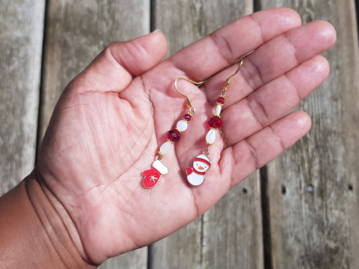 Mismatched Snowman and Winter Mitten Earrings - Hypoallergenic Handmade Gemstone Earrings