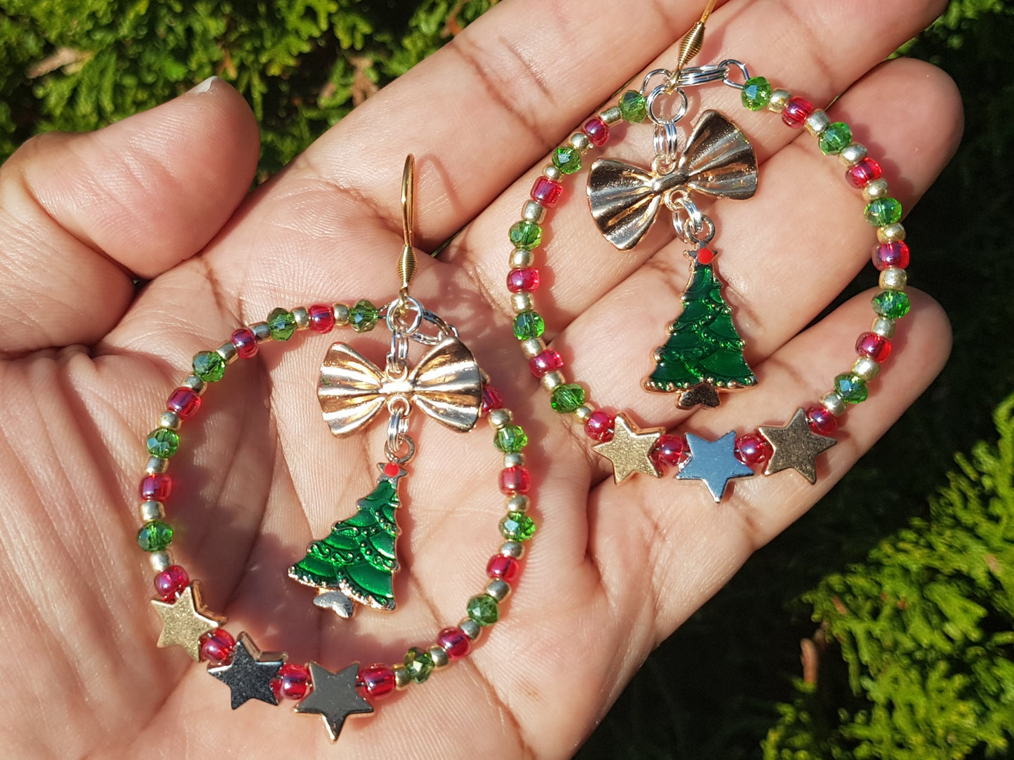 Christmas Tree Earrings - Hypoallergenic Big Hoop Earrings - Festive Holiday Jewellery - Statement Earrings - Handmade Gifts