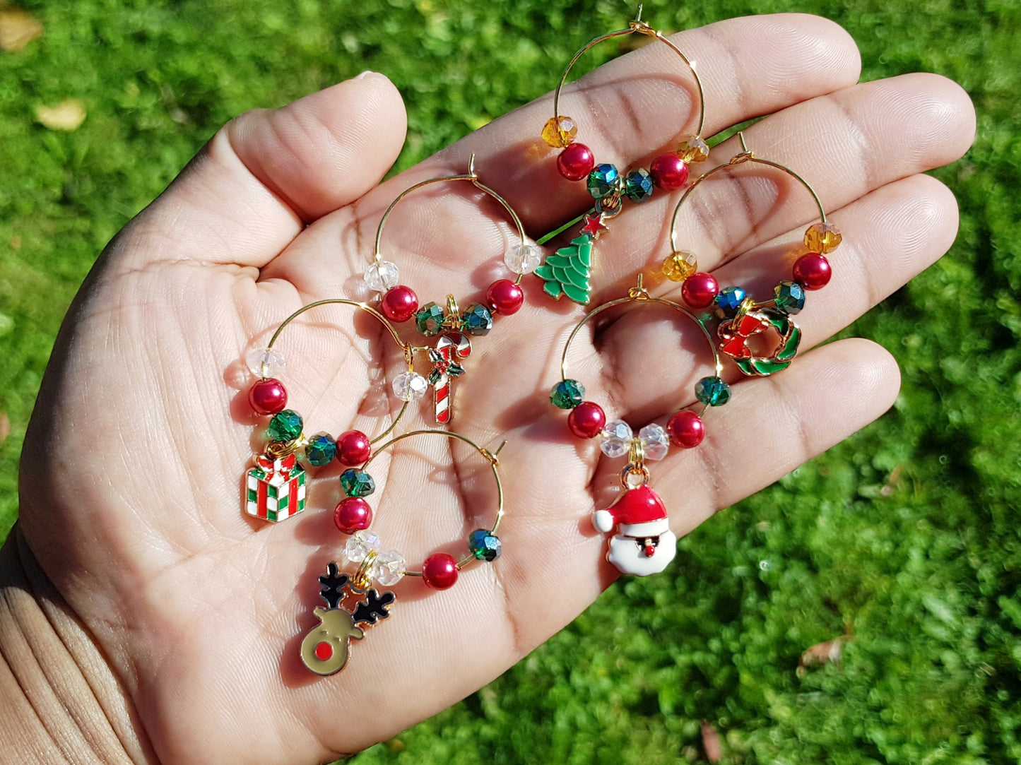 Set of Six Christmas Wine Glass Charms - Handmade Wine Gifts