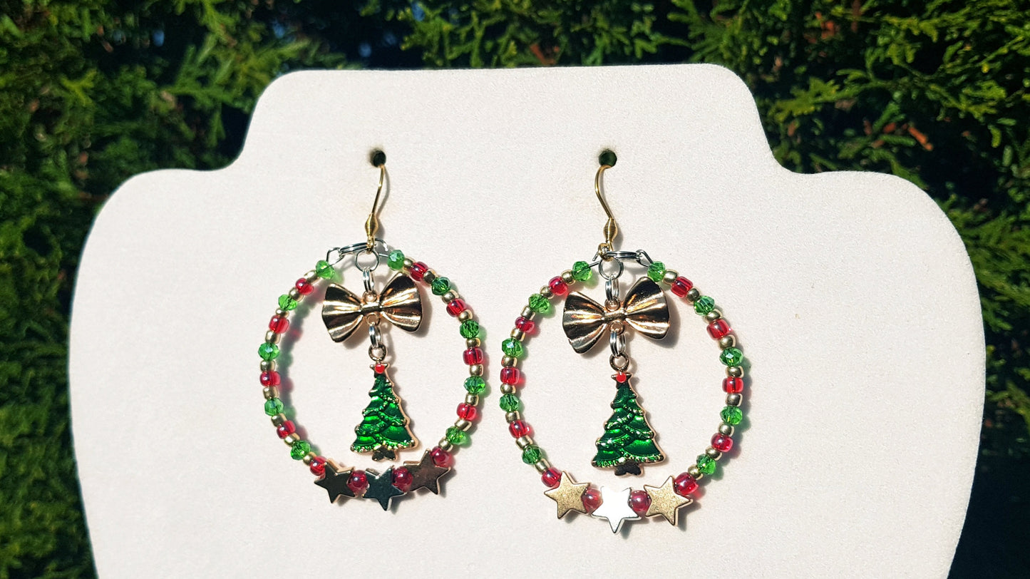 Christmas Tree Earrings - Hypoallergenic Big Hoop Earrings - Festive Holiday Jewellery - Statement Earrings - Handmade Gifts