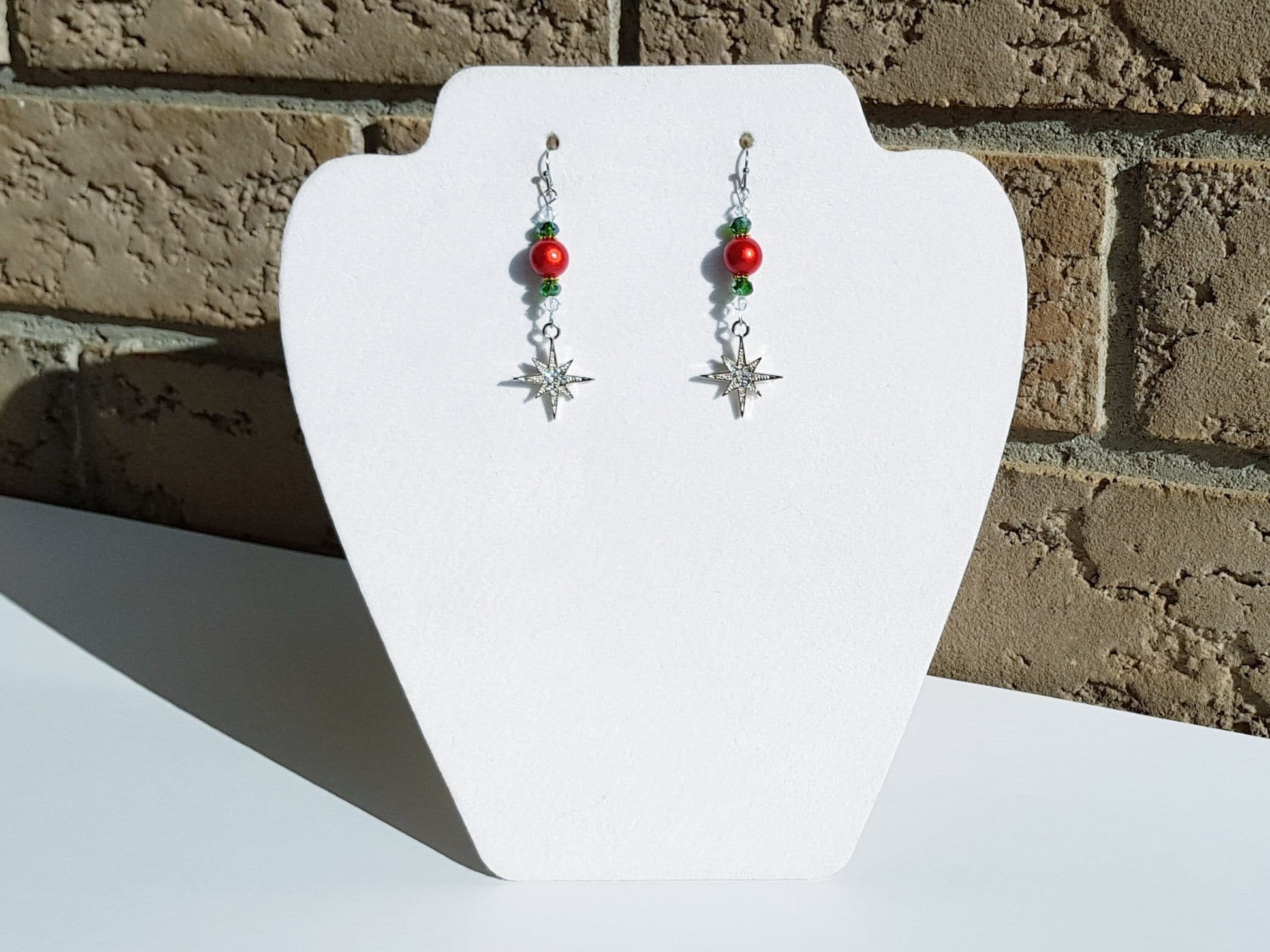 Czech glass beads, zirconia lab gemstones. Festive red and green earrings.