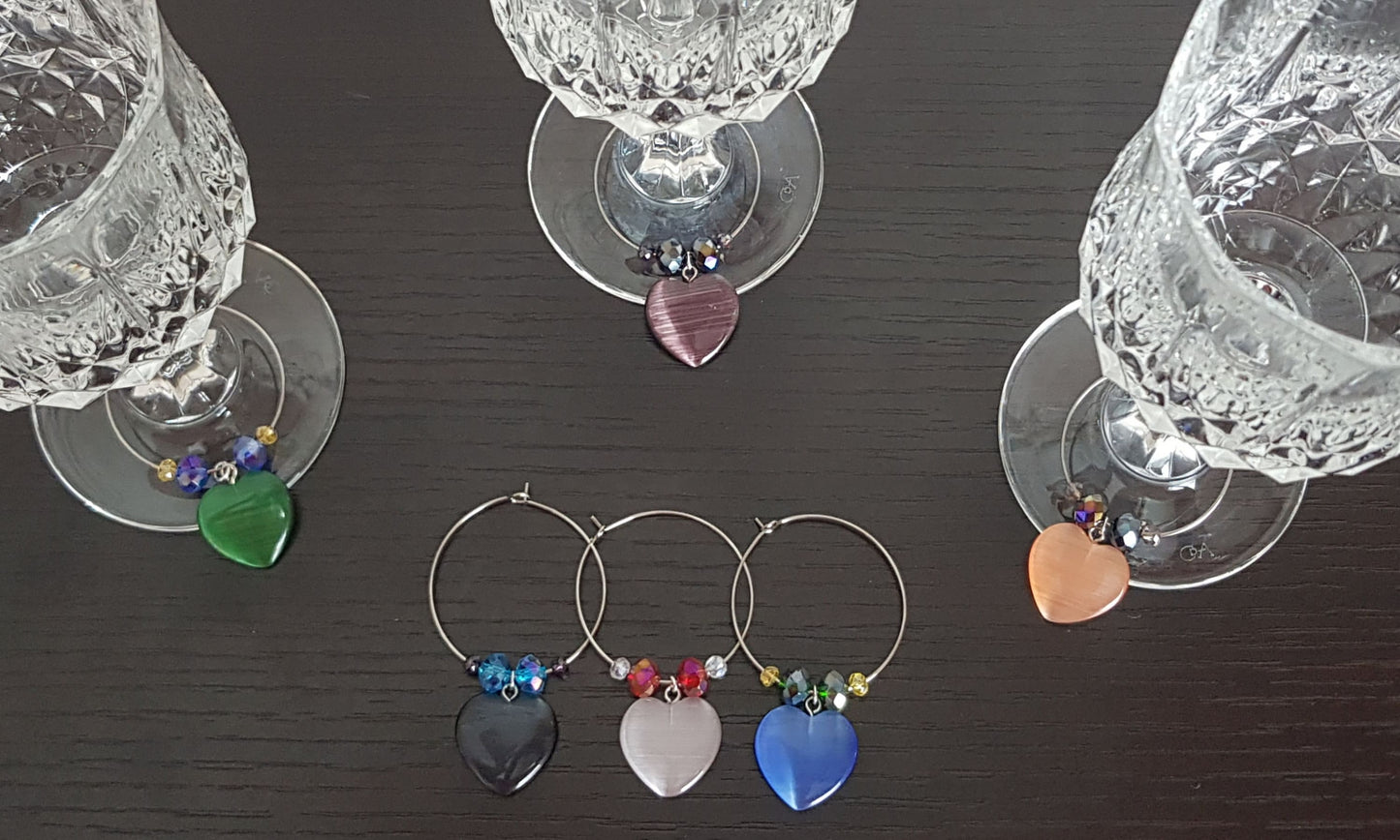 Handmade Gemstone Heart Wine Glass Charms Set of 6 - Barware Housewarming Gift