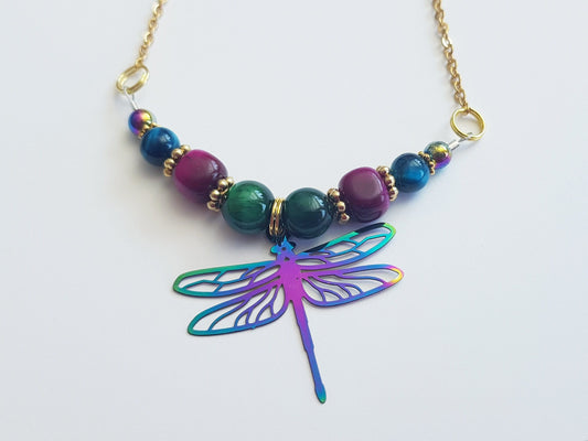 Dragonfly Gemstone Bib Necklace - Handmade Birthday Anniversary Gift - Rainbow Bug Jewelry