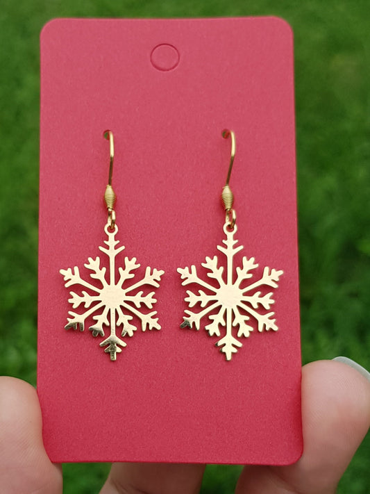 Gold Snowflake Earrings - Plated Stainless Steel Earrings - Hypoallergenic Handmade Jewelry - Festive Holiday Gifts - Christmas Earrings