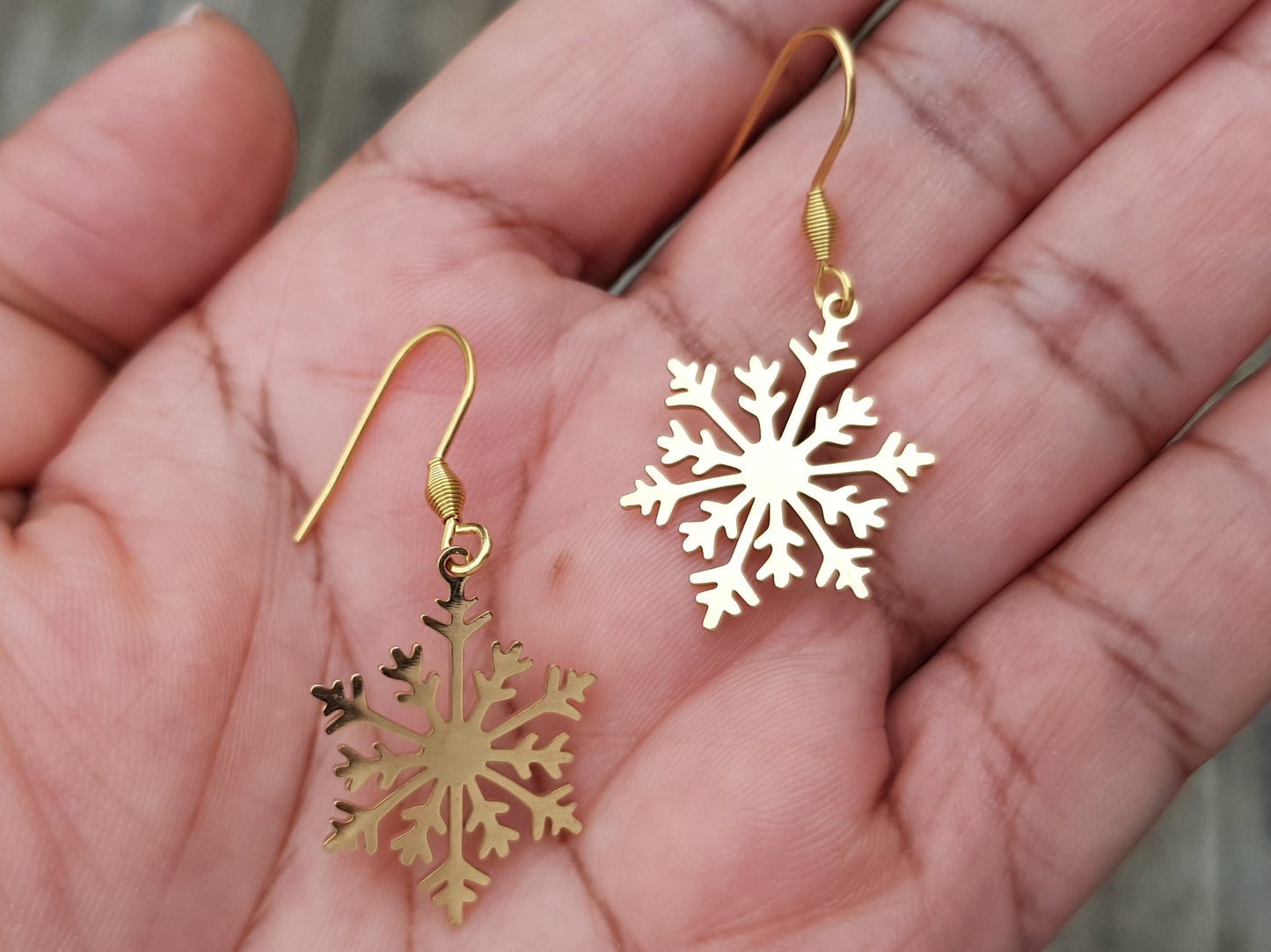 Gold Snowflake Earrings - Plated Stainless Steel Earrings - Hypoallergenic Handmade Jewelry - Festive Holiday Gifts - Christmas Earrings