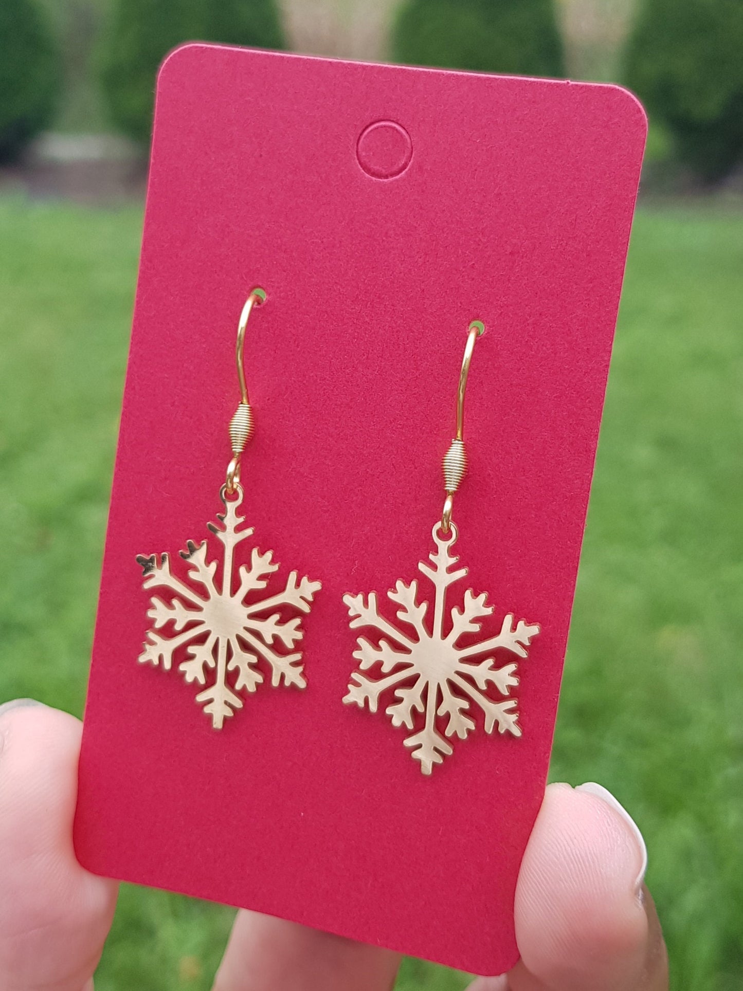 Gold Snowflake Earrings - Plated Stainless Steel Earrings - Hypoallergenic Handmade Jewelry - Festive Holiday Gifts - Christmas Earrings