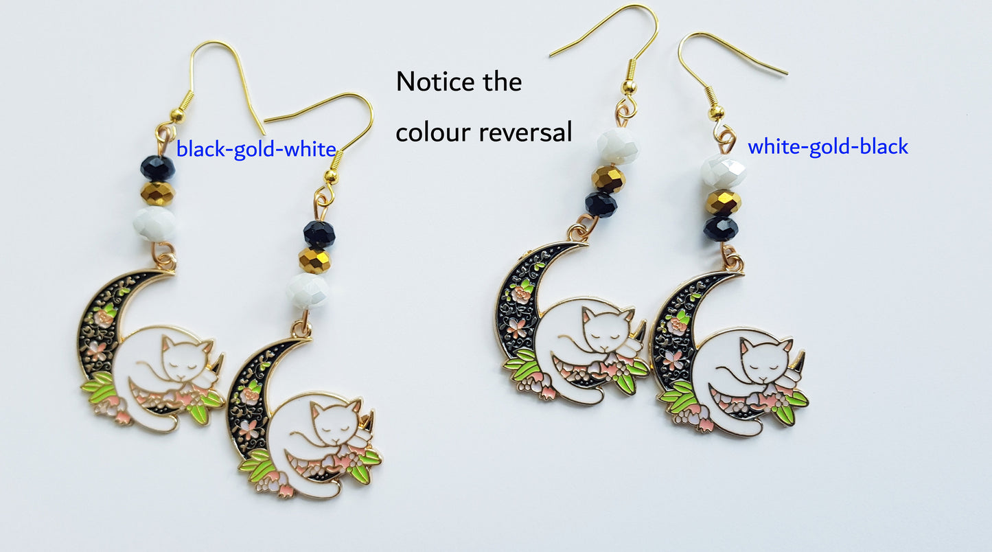 Handmade White Cat Earrings - Hypoallergenic Celestial Cat and Moon Earrings