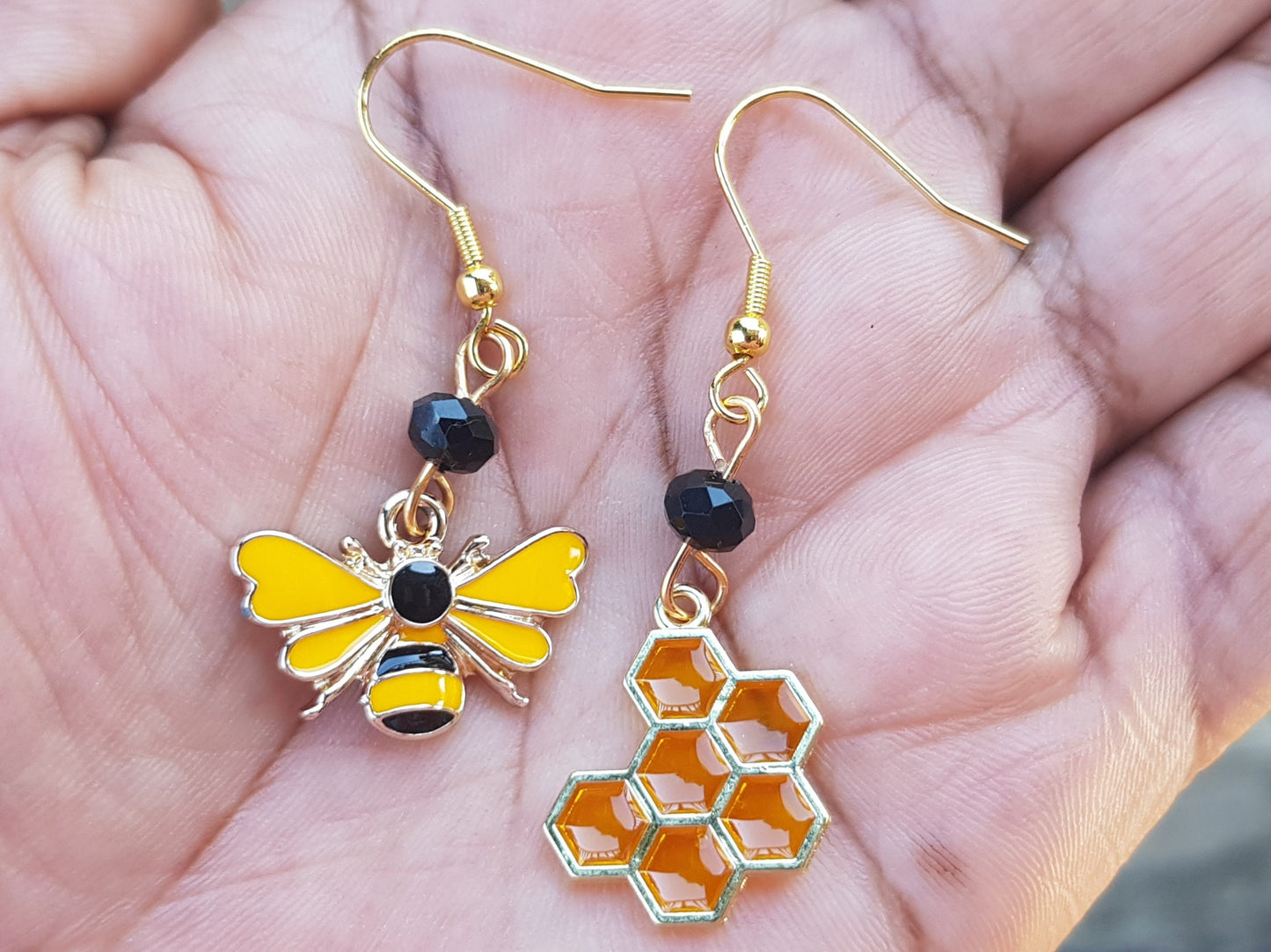 Mismatched Bee and Honeycomb Earrings, Hypoallergenic Handmade Christmas Gift, Halloween Titanium Earrings Made in Canada, Bee Lover SALE