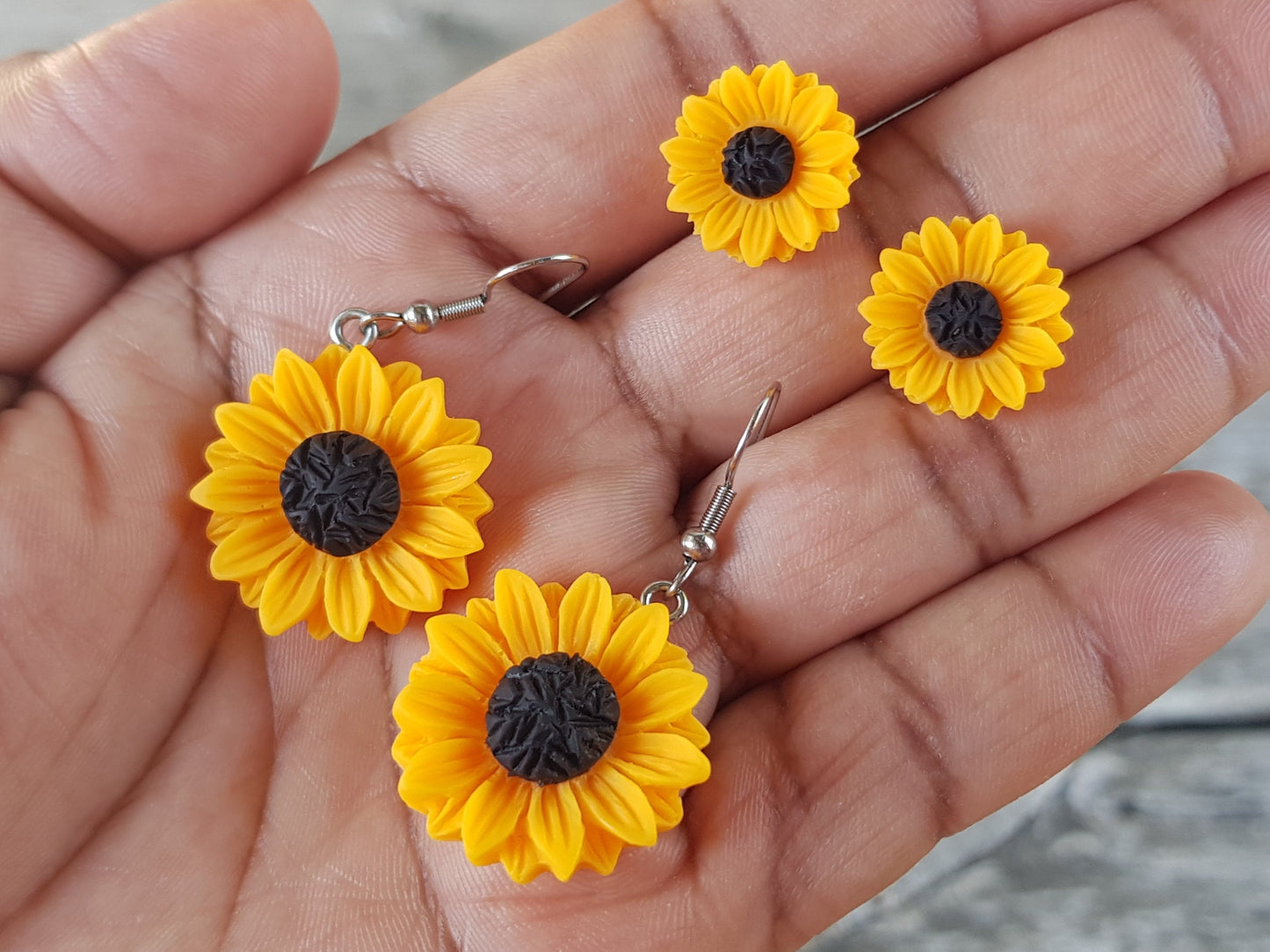 Handmade Sunflower Earrings - Hypoallergenic Drop Earrings or Studs - Titanium, Steel or Acrylic