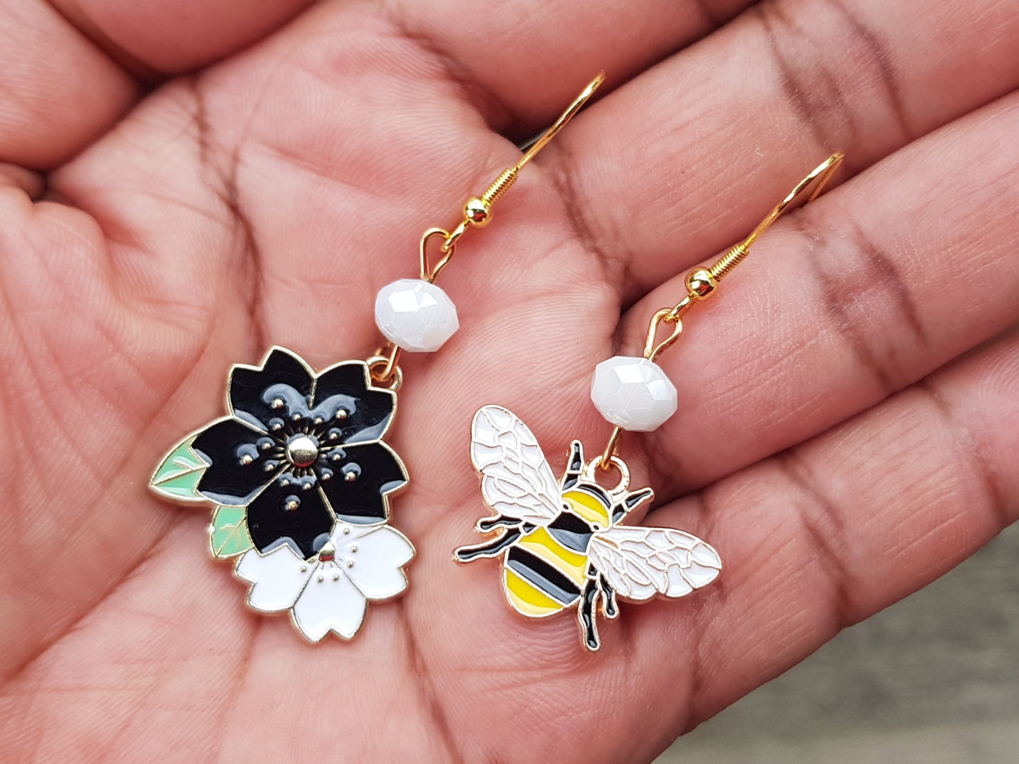 Handmade Mismatched Bee and Flower Earrings - Hypoallergenic Insect Earrings - Bug Jewelry