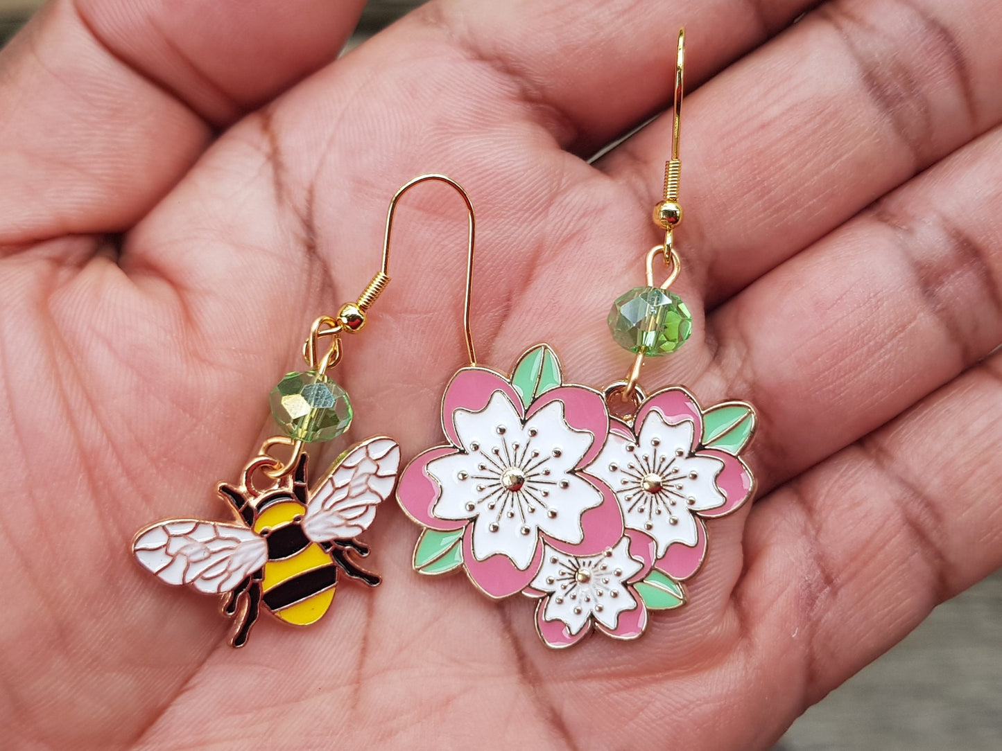 Handmade Mismatched Bee and Flower Earrings - Hypoallergenic Insect Earrings - Bug Jewelry