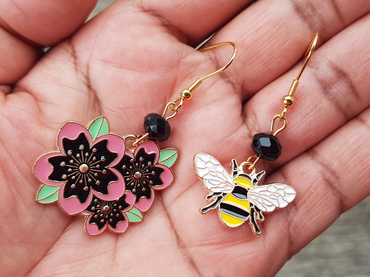 Handmade Mismatched Bee and Flower Earrings - Hypoallergenic Insect Earrings - Bug Jewelry