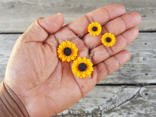 Handmade Sunflower Earrings - Hypoallergenic Drop Earrings or Studs - Titanium, Steel or Acrylic