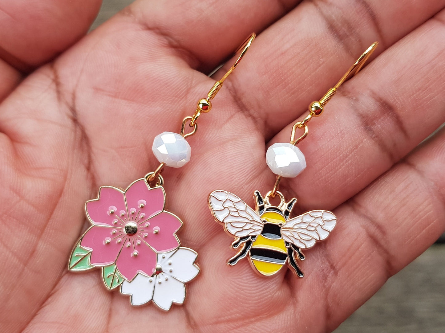 Handmade Mismatched Bee and Flower Earrings - Hypoallergenic Insect Earrings - Bug Jewelry