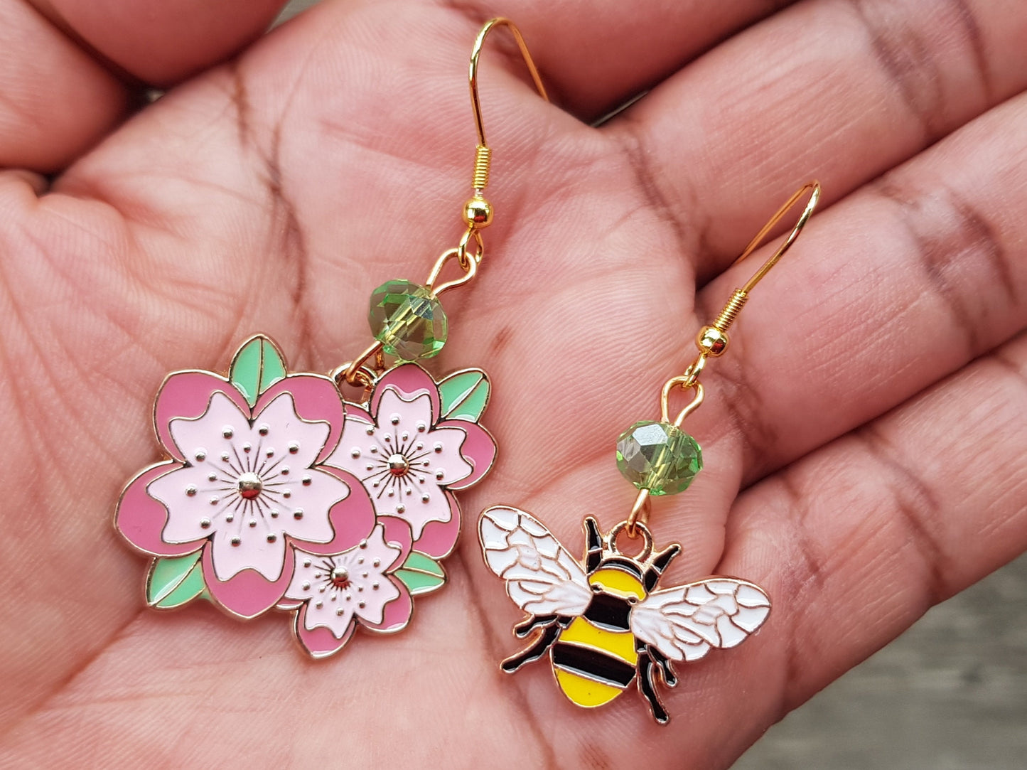 Handmade Mismatched Bee and Flower Earrings - Hypoallergenic Insect Earrings - Bug Jewelry