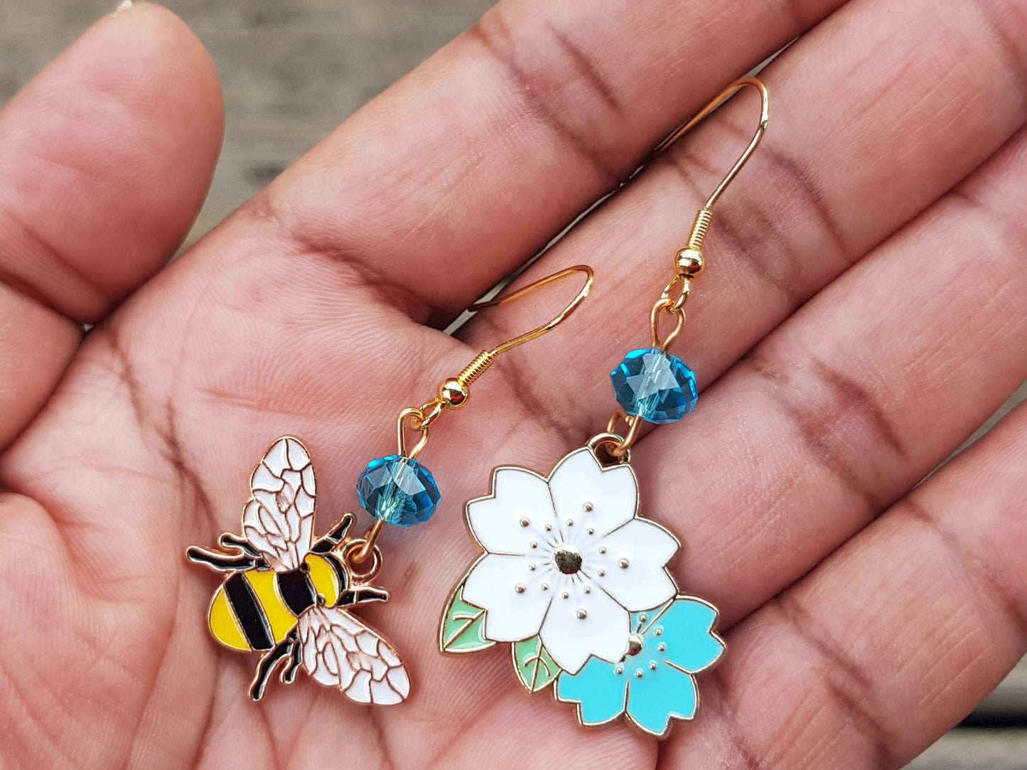 Handmade Mismatched Bee and Flower Earrings - Hypoallergenic Insect Earrings - Bug Jewelry